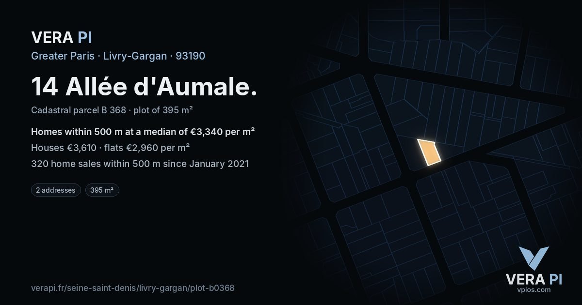 14 Allée d'Aumale, Livry-Gargan at night – the plot lit, the parcels around coloured by the prices near them