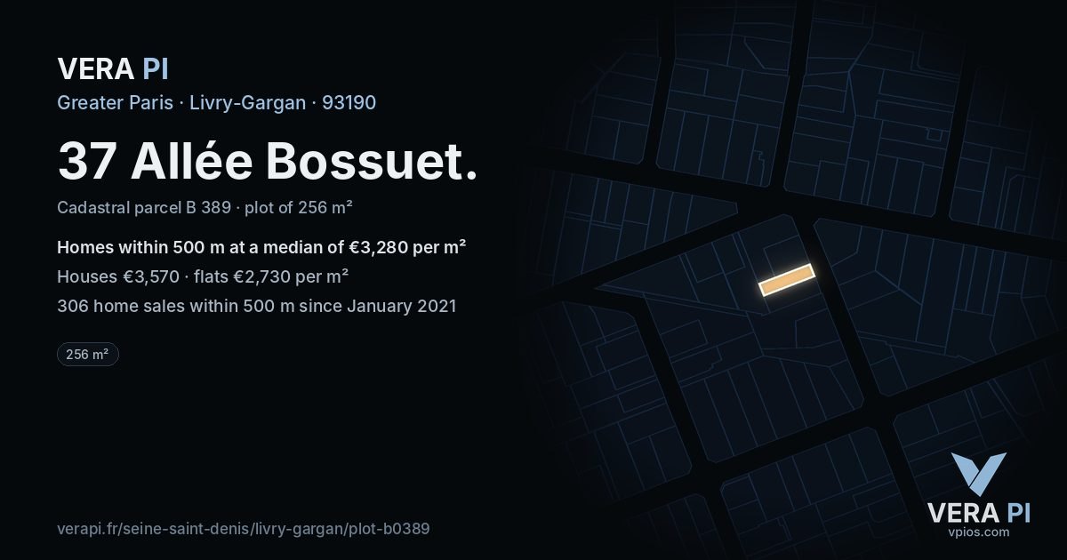 37 Allée Bossuet, Livry-Gargan at night – the plot lit, the parcels around coloured by the prices near them