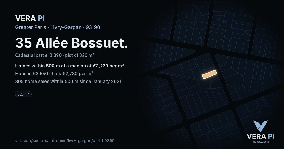 35 Allée Bossuet, Livry-Gargan at night – the plot lit, the parcels around coloured by the prices near them
