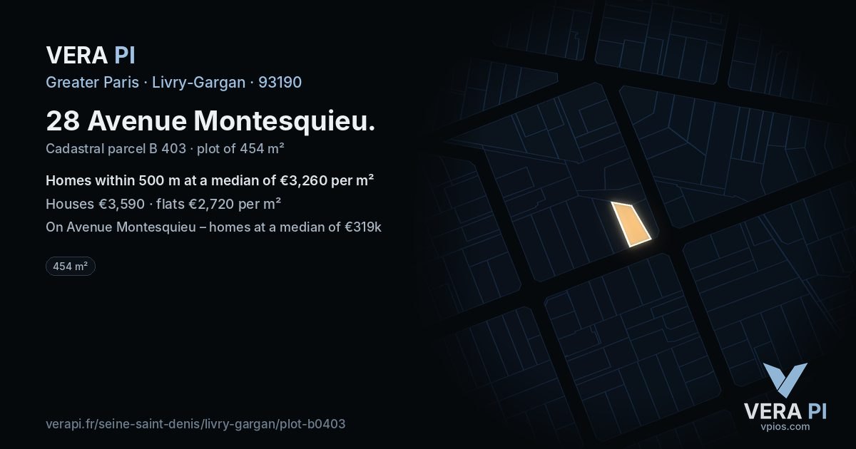 28 Avenue Montesquieu, Livry-Gargan at night – the plot lit, the parcels around coloured by the prices near them