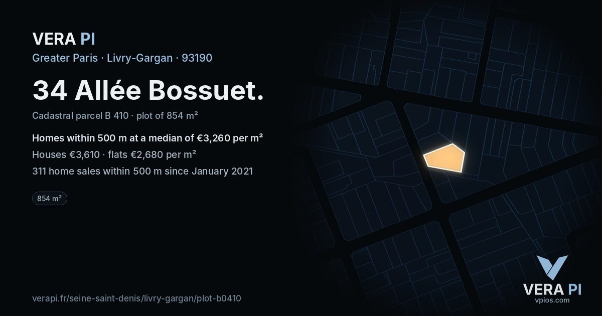34 Allée Bossuet, Livry-Gargan at night – the plot lit, the parcels around coloured by the prices near them