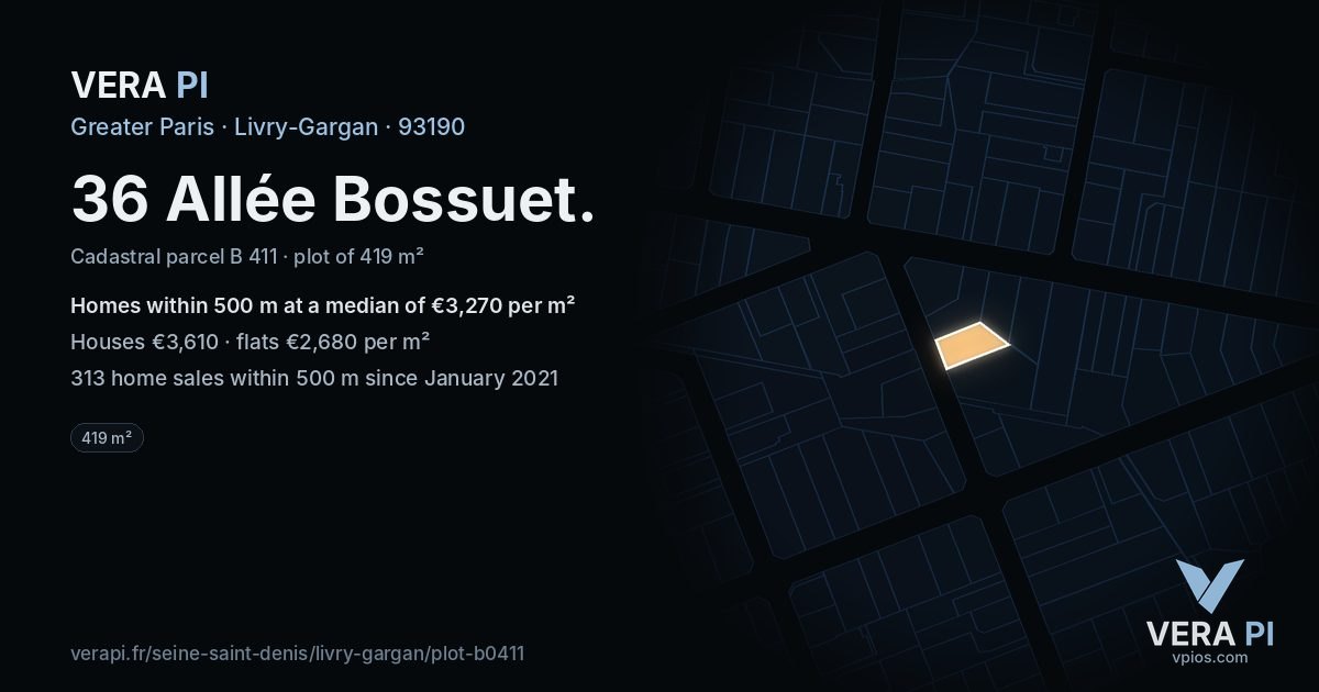 36 Allée Bossuet, Livry-Gargan at night – the plot lit, the parcels around coloured by the prices near them