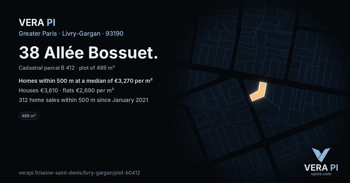 38 Allée Bossuet, Livry-Gargan at night – the plot lit, the parcels around coloured by the prices near them