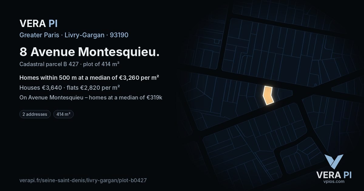 8 Avenue Montesquieu, Livry-Gargan at night – the plot lit, the parcels around coloured by the prices near them