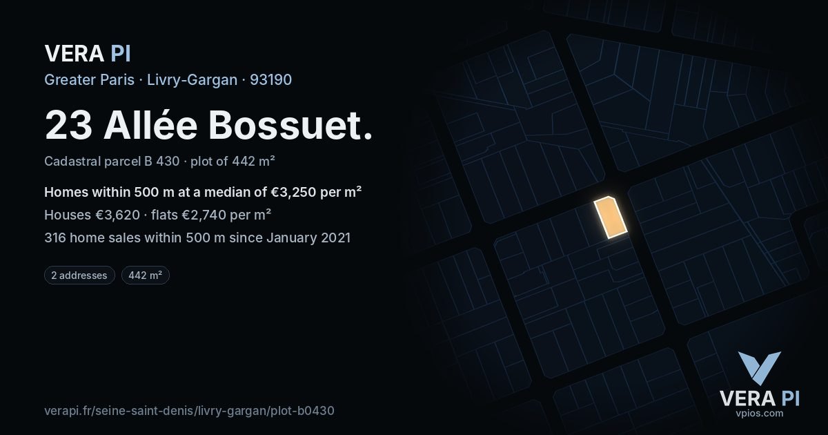 23 Allée Bossuet, Livry-Gargan at night – the plot lit, the parcels around coloured by the prices near them