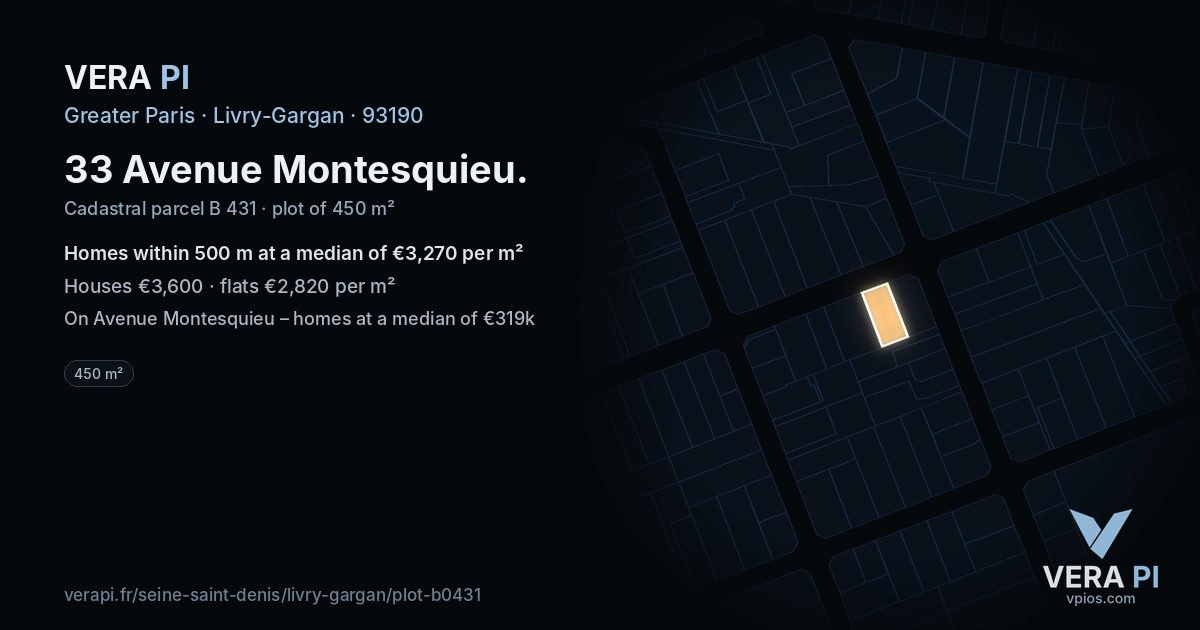 33 Avenue Montesquieu, Livry-Gargan at night – the plot lit, the parcels around coloured by the prices near them
