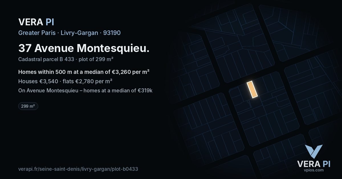 37 Avenue Montesquieu, Livry-Gargan at night – the plot lit, the parcels around coloured by the prices near them
