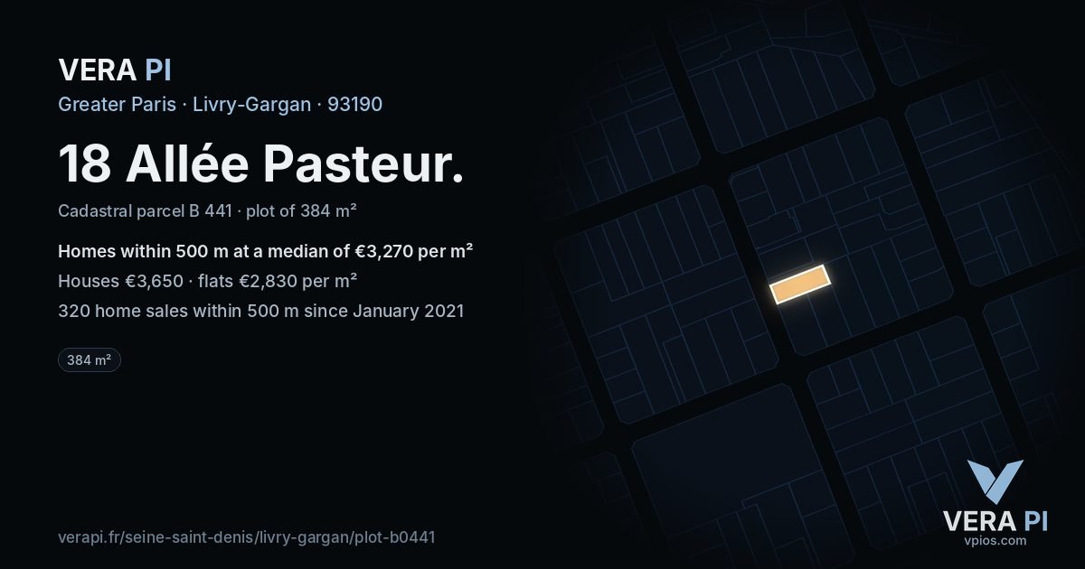 18 Allée Pasteur, Livry-Gargan at night – the plot lit, the parcels around coloured by the prices near them