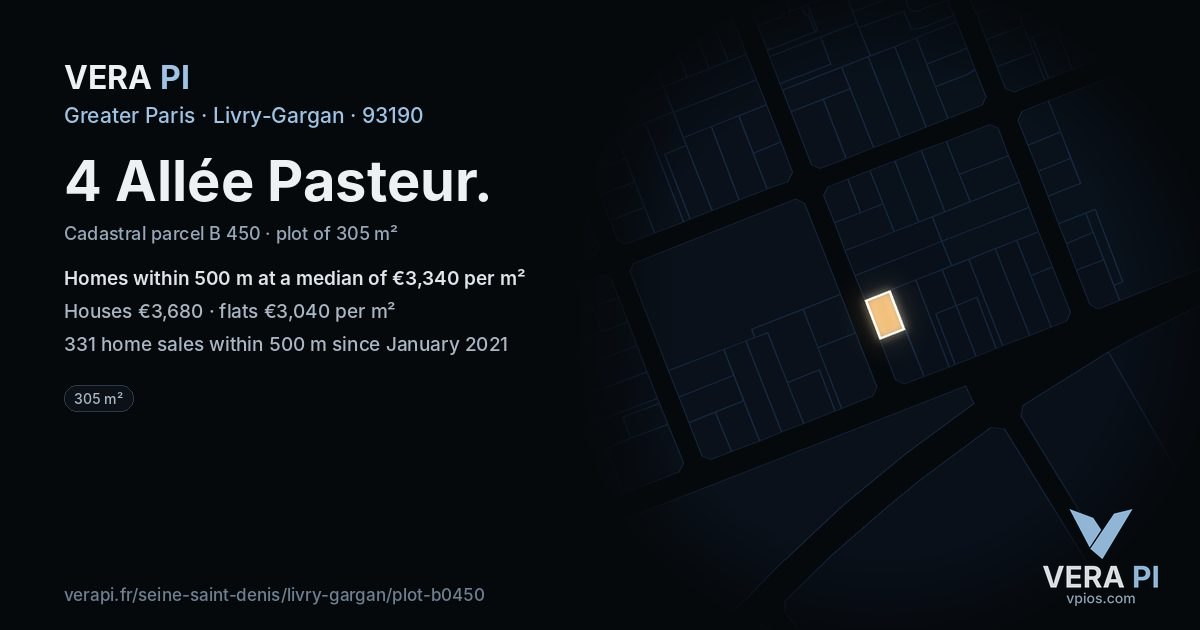 4 Allée Pasteur, Livry-Gargan at night – the plot lit, the parcels around coloured by the prices near them
