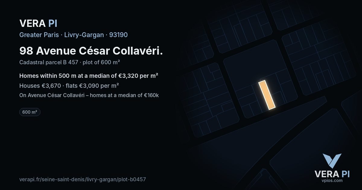 98 Avenue César Collavéri, Livry-Gargan at night – the plot lit, the parcels around coloured by the prices near them