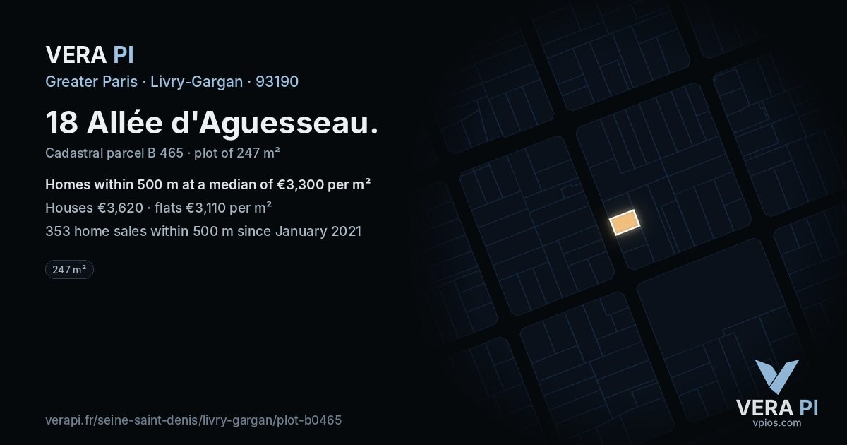 18 Allée d'Aguesseau, Livry-Gargan at night – the plot lit, the parcels around coloured by the prices near them