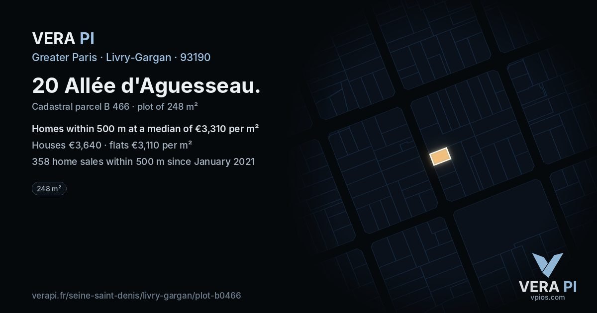 20 Allée d'Aguesseau, Livry-Gargan at night – the plot lit, the parcels around coloured by the prices near them