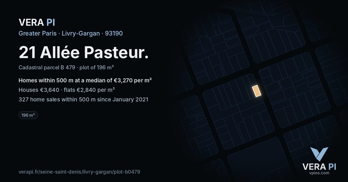 21 Allée Pasteur, Livry-Gargan at night – the plot lit, the parcels around coloured by the prices near them