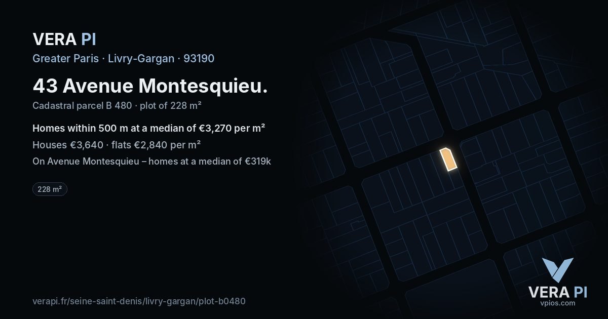 43 Avenue Montesquieu, Livry-Gargan at night – the plot lit, the parcels around coloured by the prices near them