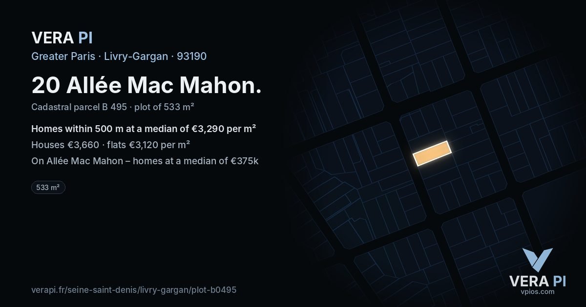 20 Allée Mac Mahon, Livry-Gargan at night – the plot lit, the parcels around coloured by the prices near them