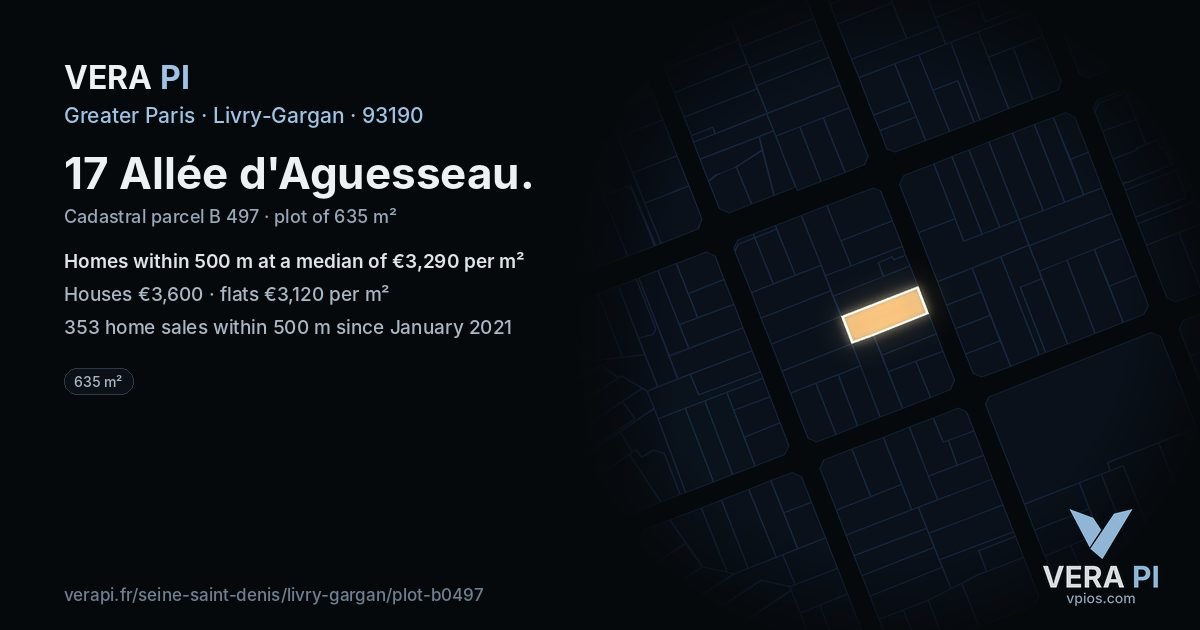 17 Allée d'Aguesseau, Livry-Gargan at night – the plot lit, the parcels around coloured by the prices near them