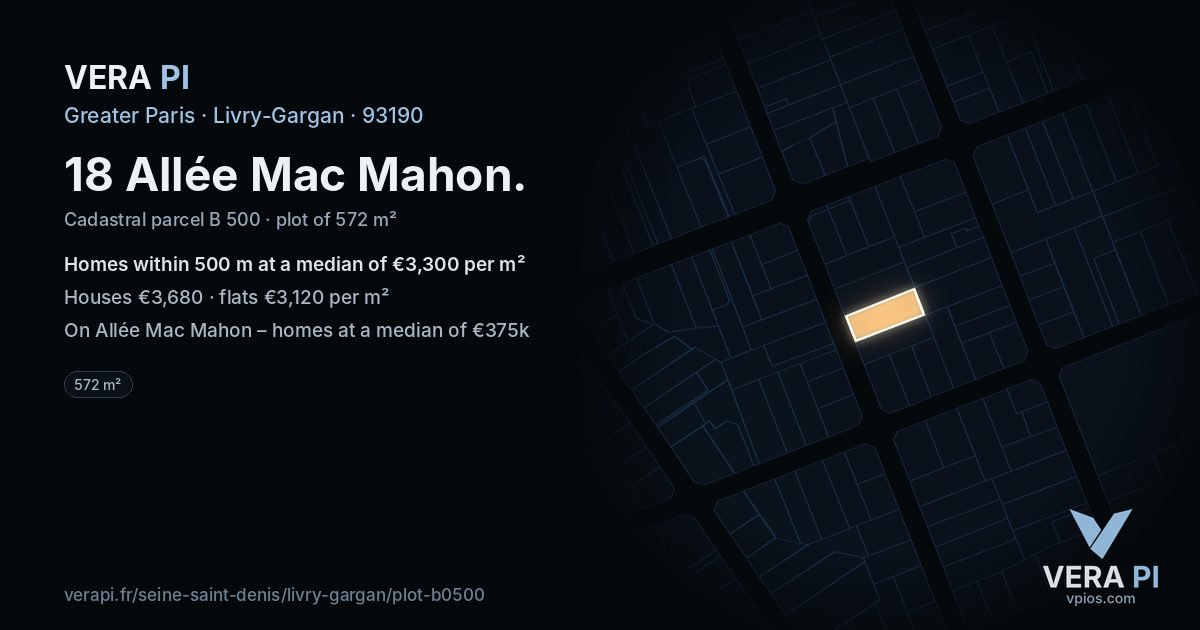 18 Allée Mac Mahon, Livry-Gargan at night – the plot lit, the parcels around coloured by the prices near them