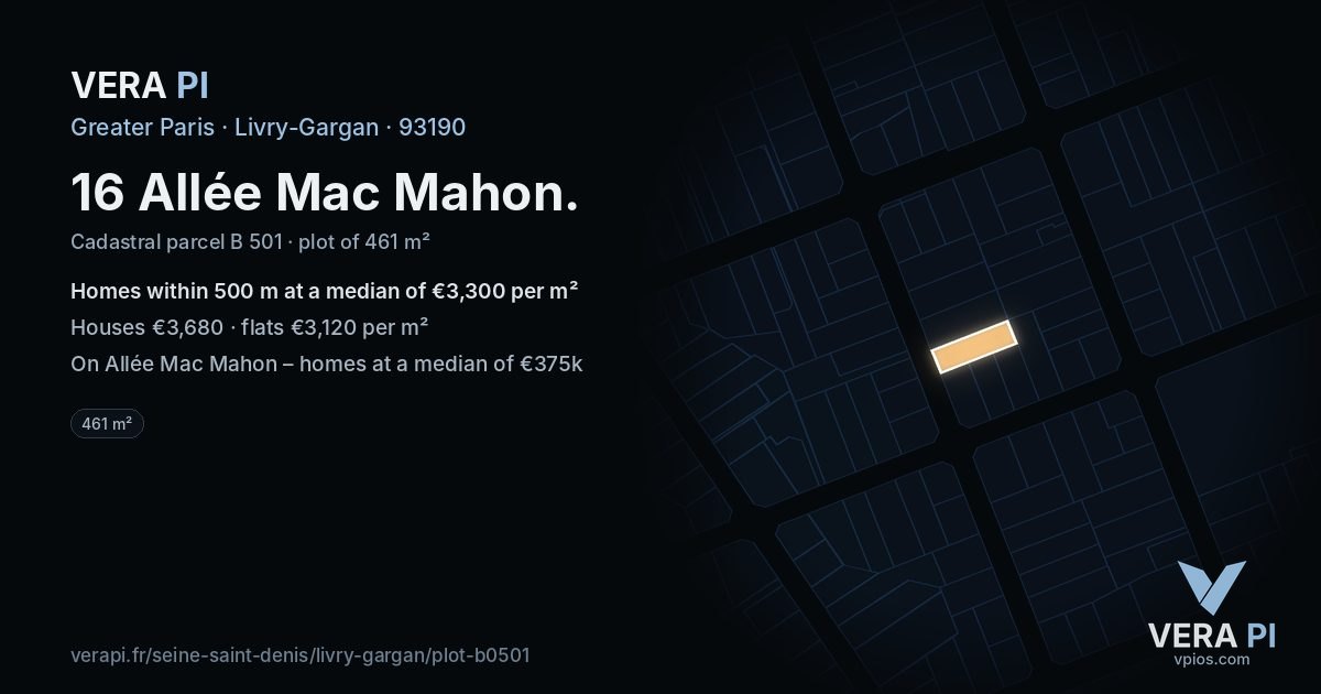 16 Allée Mac Mahon, Livry-Gargan at night – the plot lit, the parcels around coloured by the prices near them