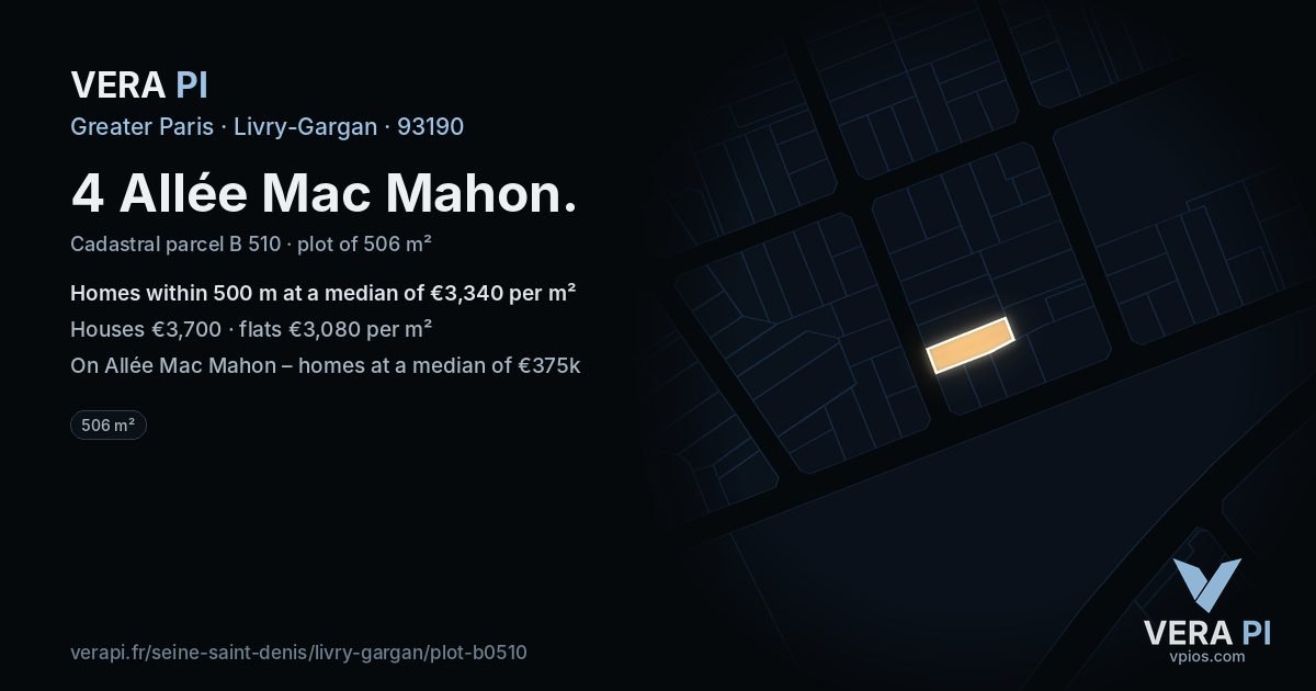 4 Allée Mac Mahon, Livry-Gargan at night – the plot lit, the parcels around coloured by the prices near them