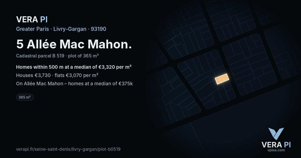 5 Allée Mac Mahon, Livry-Gargan at night – the plot lit, the parcels around coloured by the prices near them