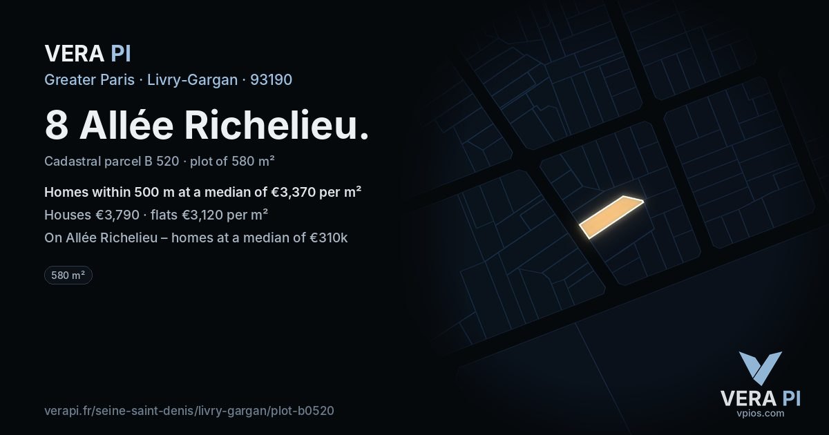 8 Allée Richelieu, Livry-Gargan at night – the plot lit, the parcels around coloured by the prices near them