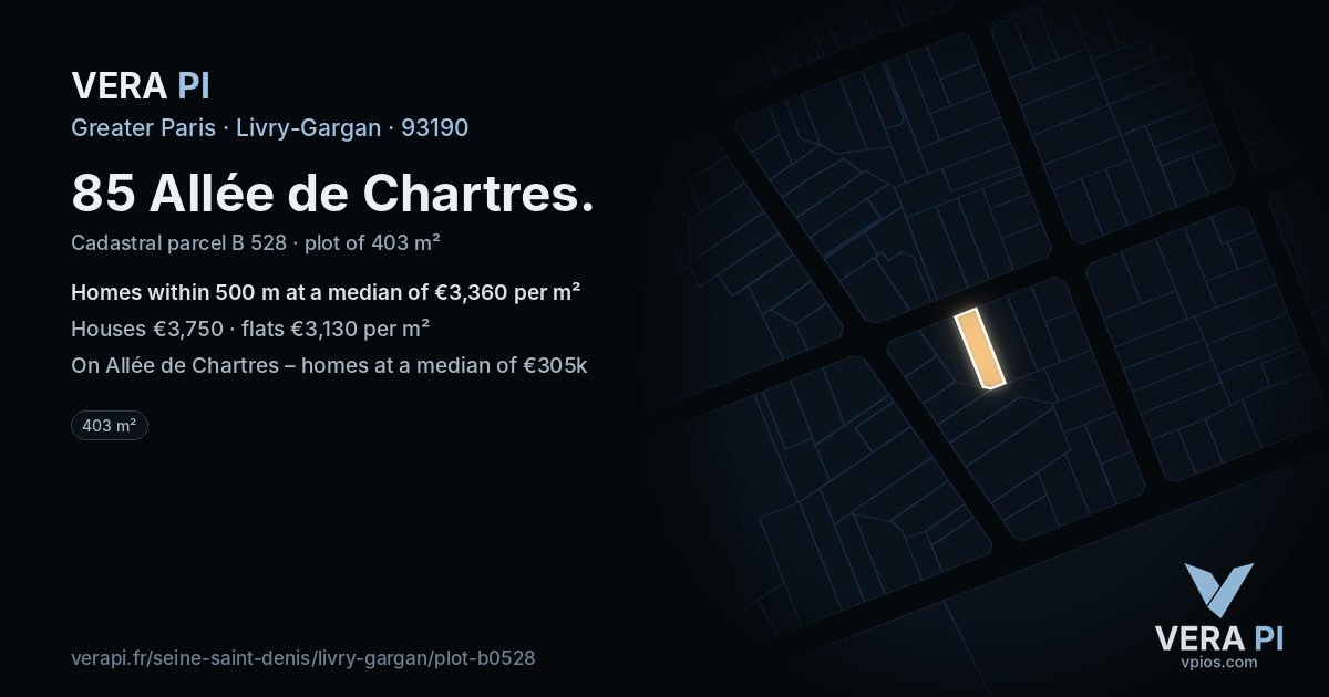 85 Allée de Chartres, Livry-Gargan at night – the plot lit, the parcels around coloured by the prices near them