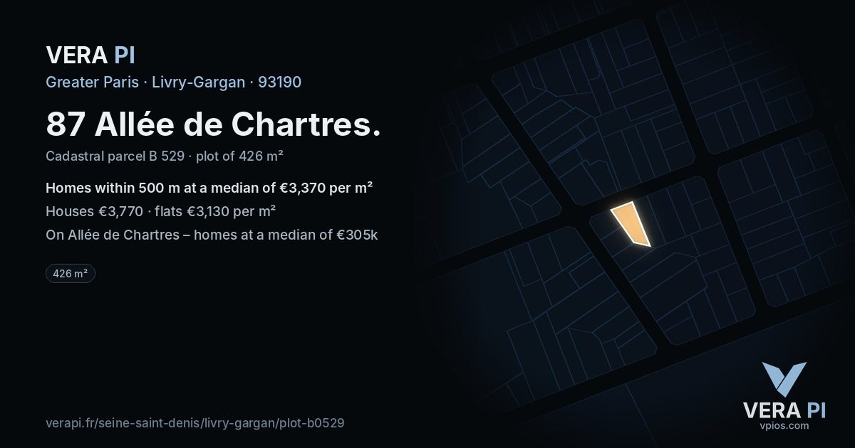 87 Allée de Chartres, Livry-Gargan at night – the plot lit, the parcels around coloured by the prices near them