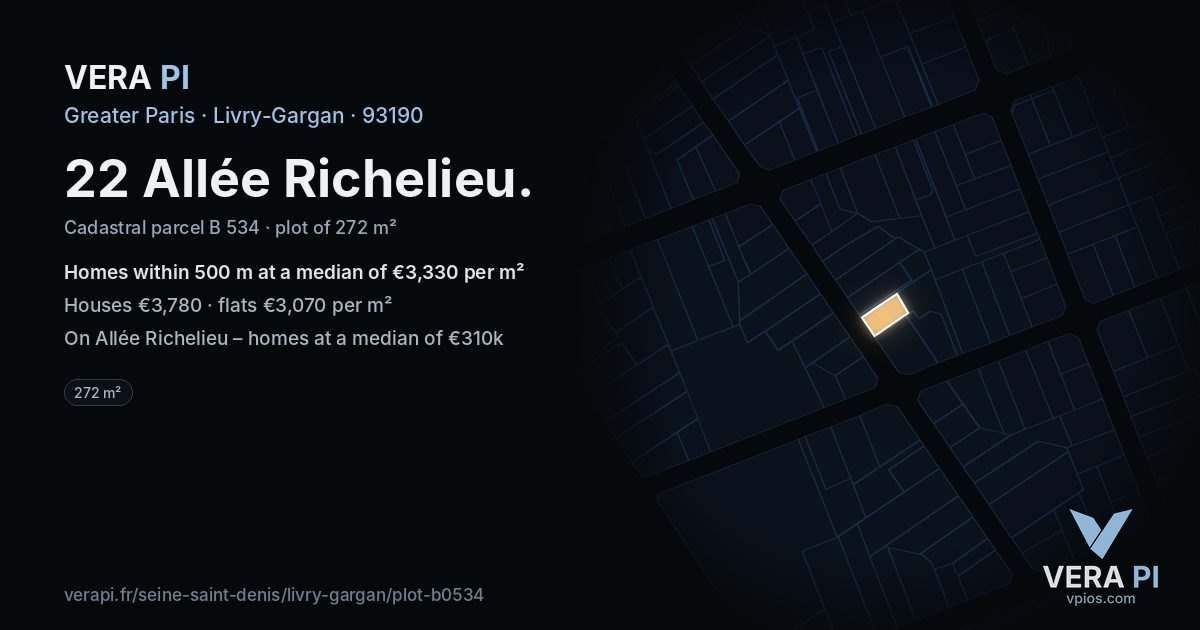 22 Allée Richelieu, Livry-Gargan at night – the plot lit, the parcels around coloured by the prices near them