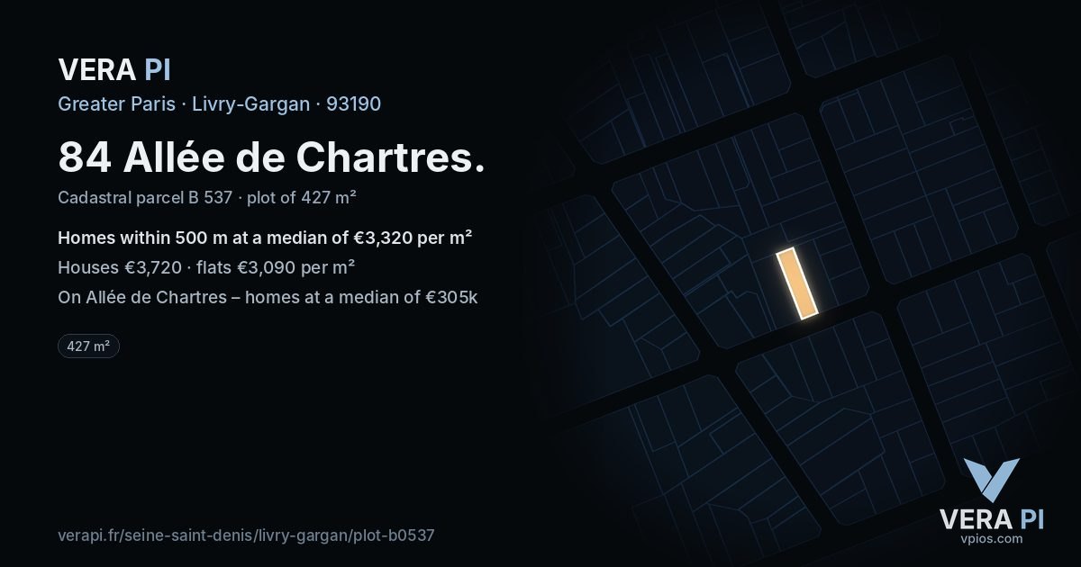 84 Allée de Chartres, Livry-Gargan at night – the plot lit, the parcels around coloured by the prices near them