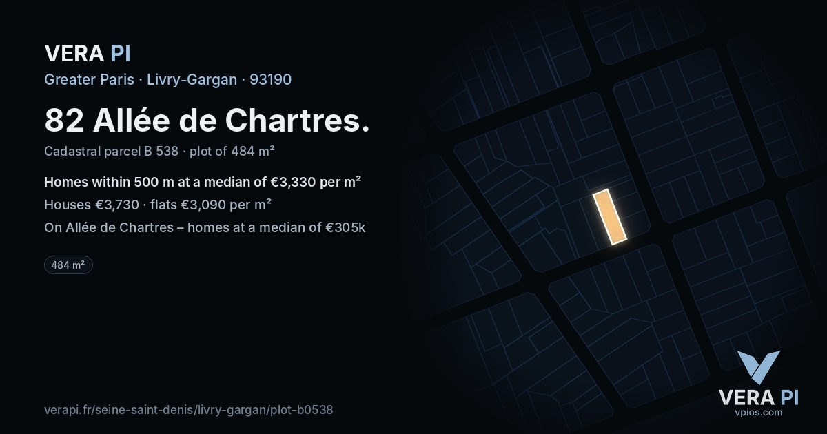 82 Allée de Chartres, Livry-Gargan at night – the plot lit, the parcels around coloured by the prices near them