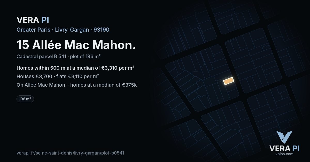 15 Allée Mac Mahon, Livry-Gargan at night – the plot lit, the parcels around coloured by the prices near them