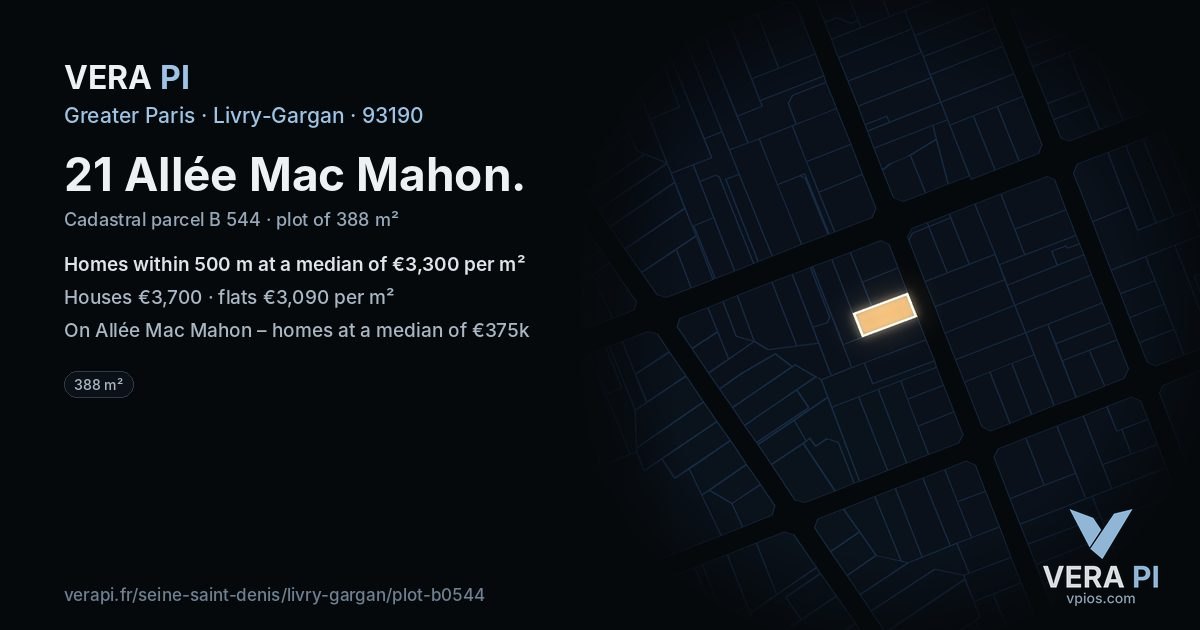 21 Allée Mac Mahon, Livry-Gargan at night – the plot lit, the parcels around coloured by the prices near them