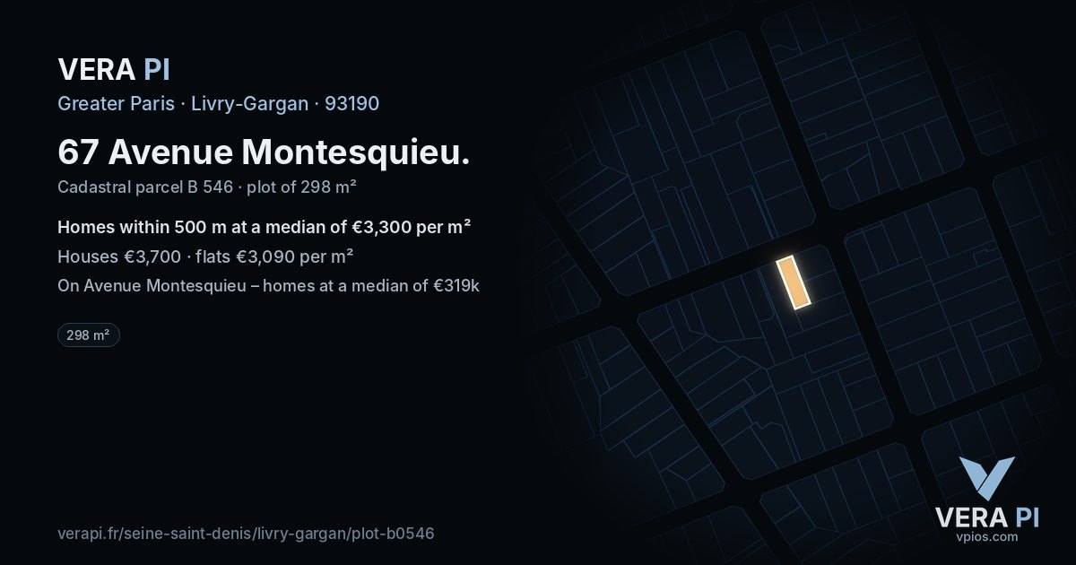 67 Avenue Montesquieu, Livry-Gargan at night – the plot lit, the parcels around coloured by the prices near them
