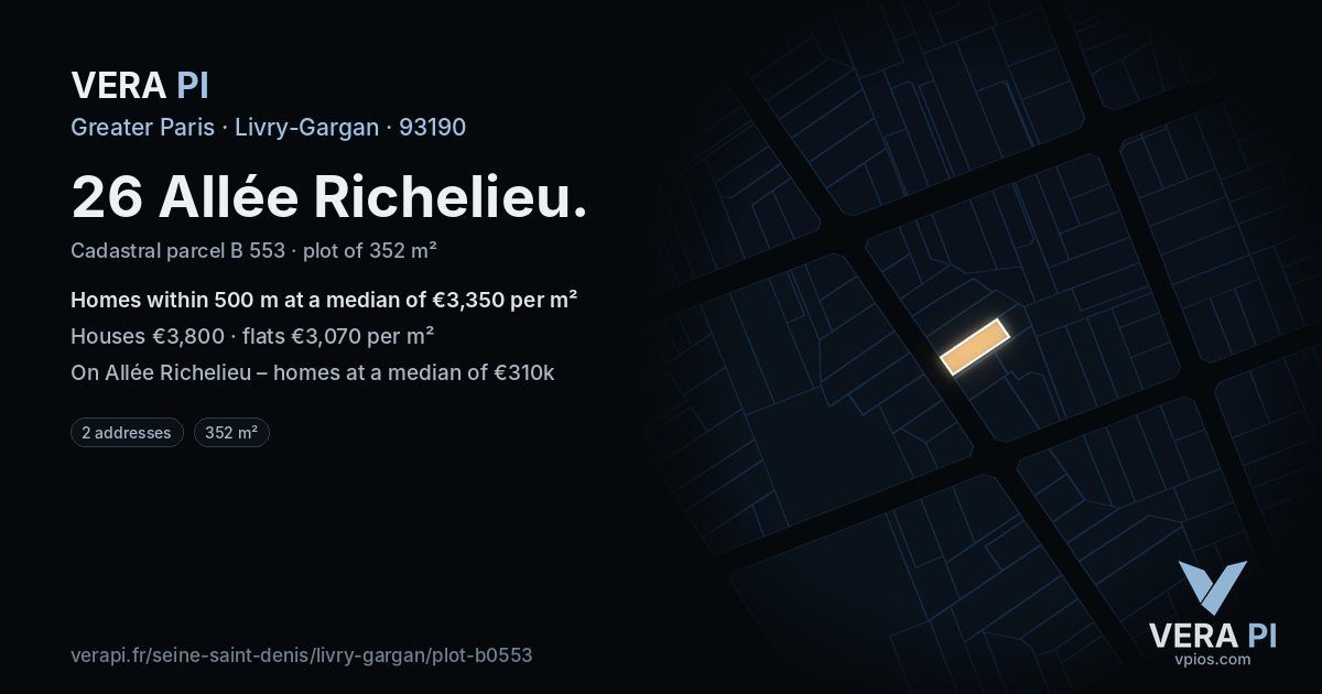 26 Allée Richelieu, Livry-Gargan at night – the plot lit, the parcels around coloured by the prices near them