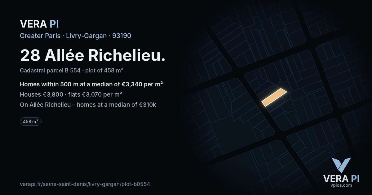 28 Allée Richelieu, Livry-Gargan at night – the plot lit, the parcels around coloured by the prices near them