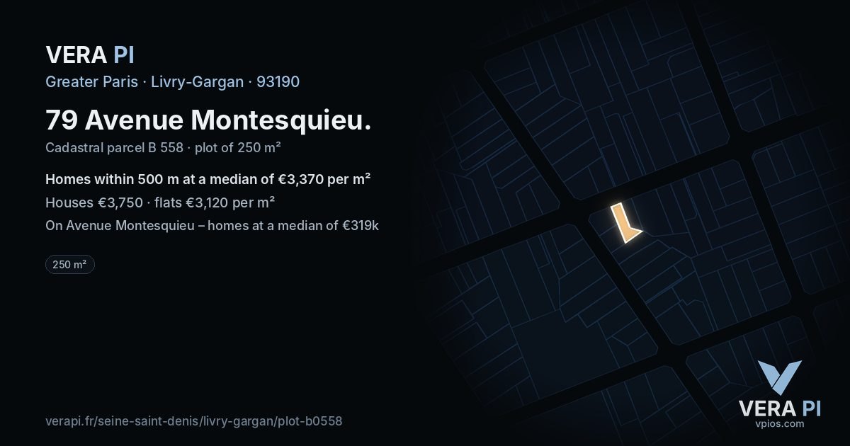 79 Avenue Montesquieu, Livry-Gargan at night – the plot lit, the parcels around coloured by the prices near them