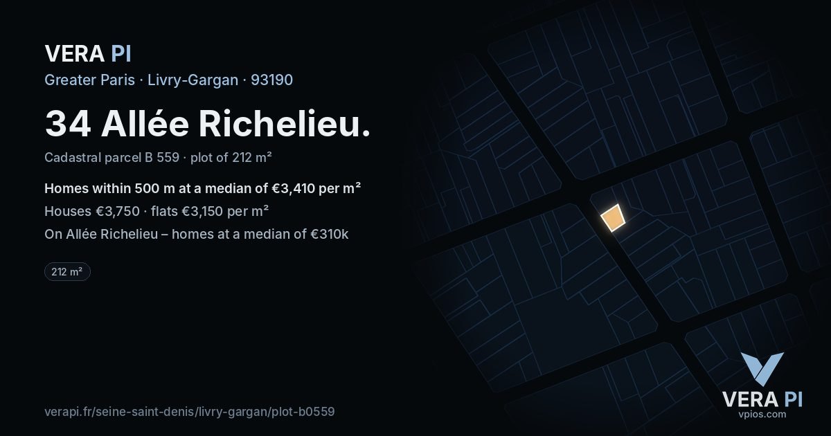 34 Allée Richelieu, Livry-Gargan at night – the plot lit, the parcels around coloured by the prices near them