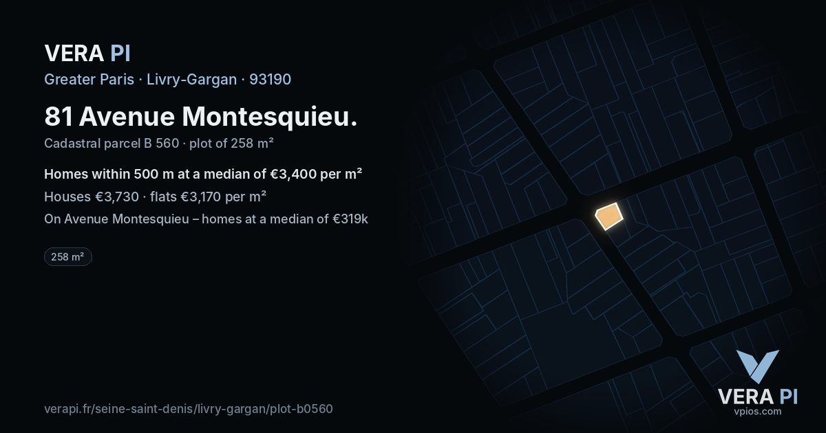 81 Avenue Montesquieu, Livry-Gargan at night – the plot lit, the parcels around coloured by the prices near them