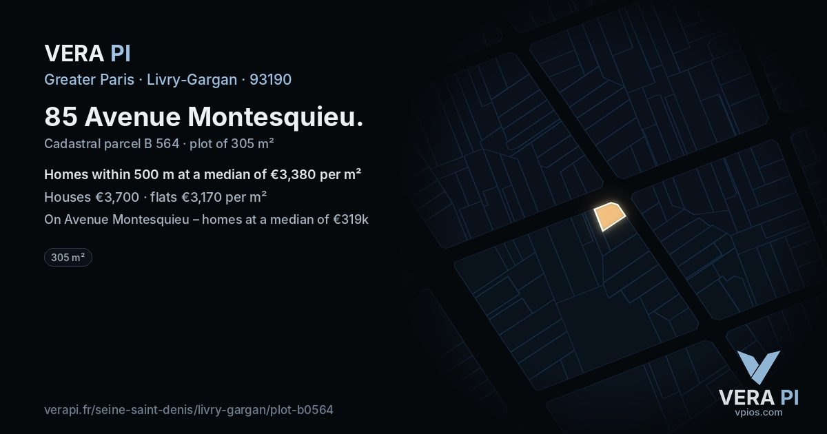 85 Avenue Montesquieu, Livry-Gargan at night – the plot lit, the parcels around coloured by the prices near them