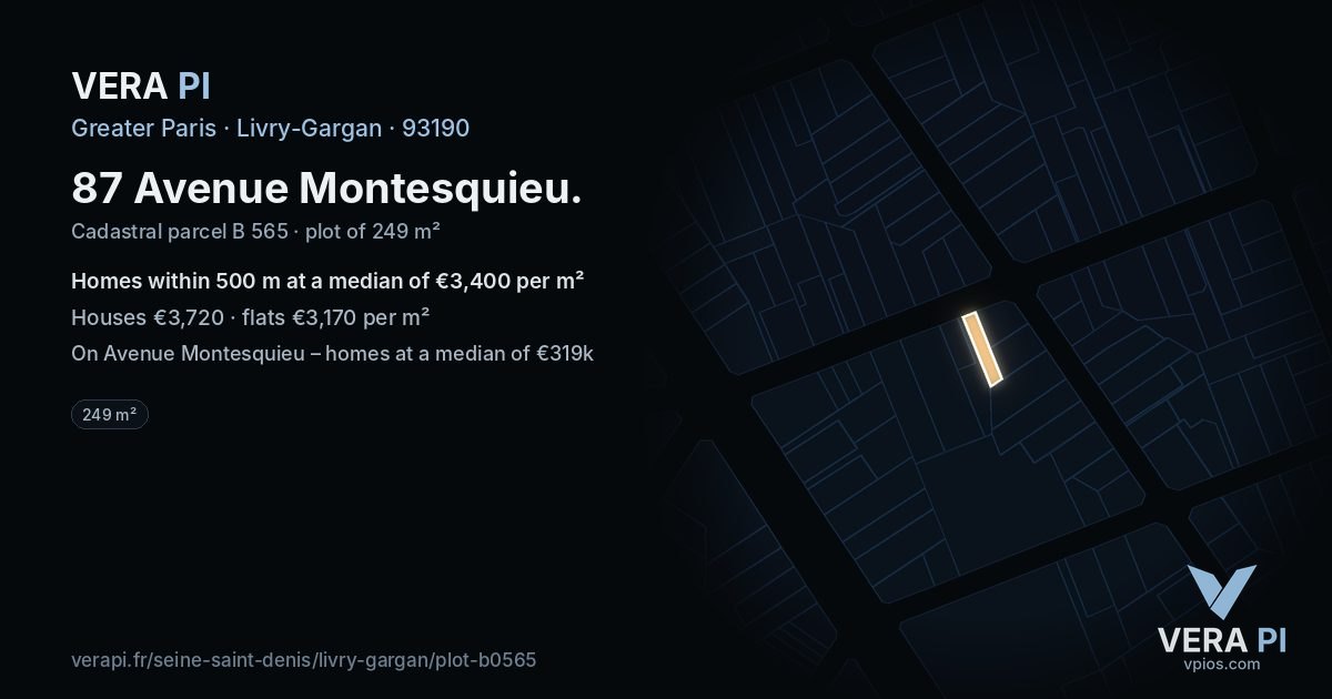 87 Avenue Montesquieu, Livry-Gargan at night – the plot lit, the parcels around coloured by the prices near them