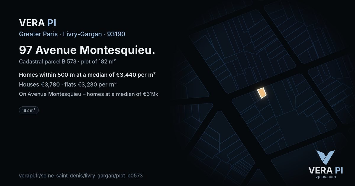 97 Avenue Montesquieu, Livry-Gargan at night – the plot lit, the parcels around coloured by the prices near them