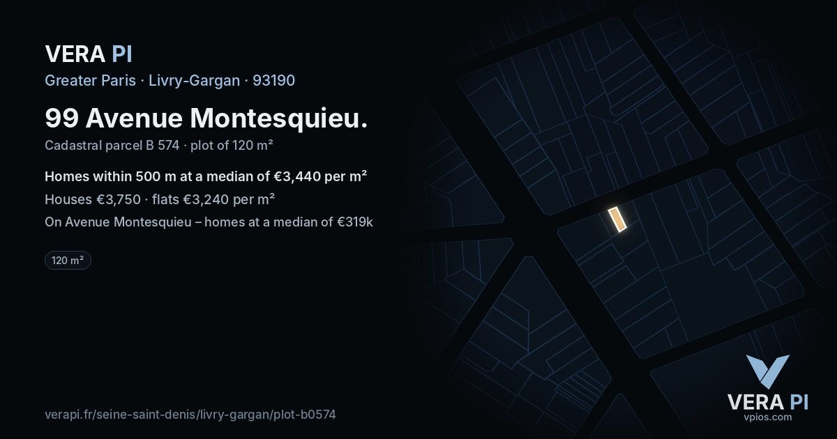 99 Avenue Montesquieu, Livry-Gargan at night – the plot lit, the parcels around coloured by the prices near them