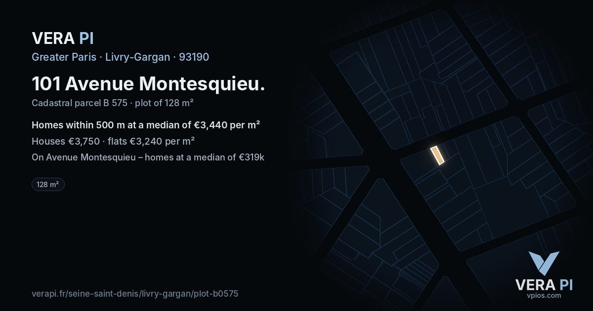 101 Avenue Montesquieu, Livry-Gargan at night – the plot lit, the parcels around coloured by the prices near them