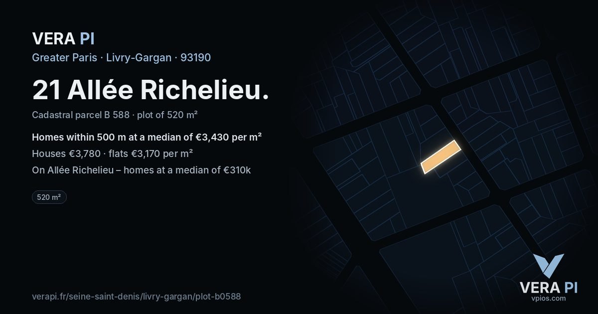21 Allée Richelieu, Livry-Gargan at night – the plot lit, the parcels around coloured by the prices near them