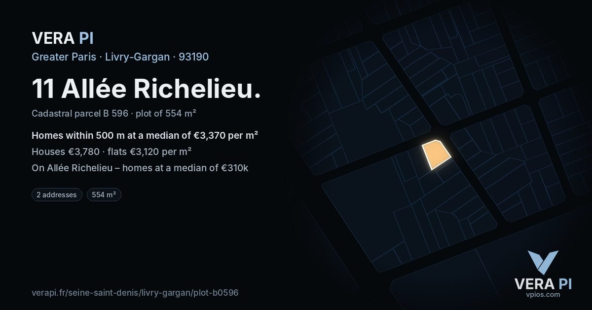 11 Allée Richelieu, Livry-Gargan at night – the plot lit, the parcels around coloured by the prices near them