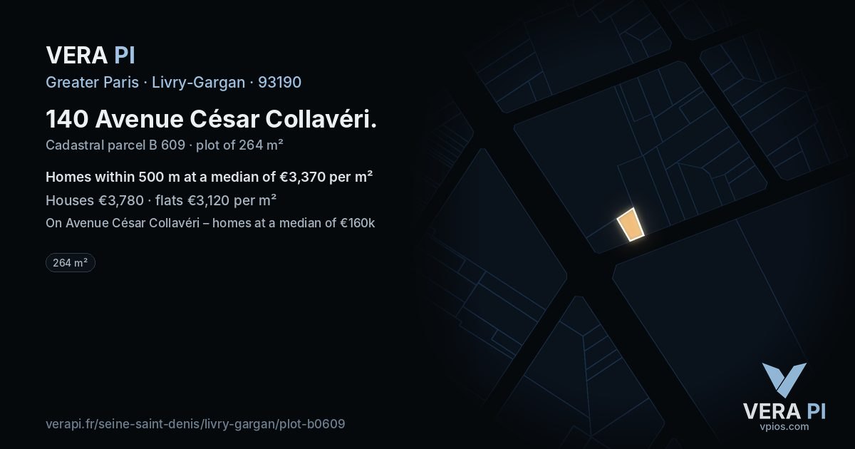140 Avenue César Collavéri, Livry-Gargan at night – the plot lit, the parcels around coloured by the prices near them