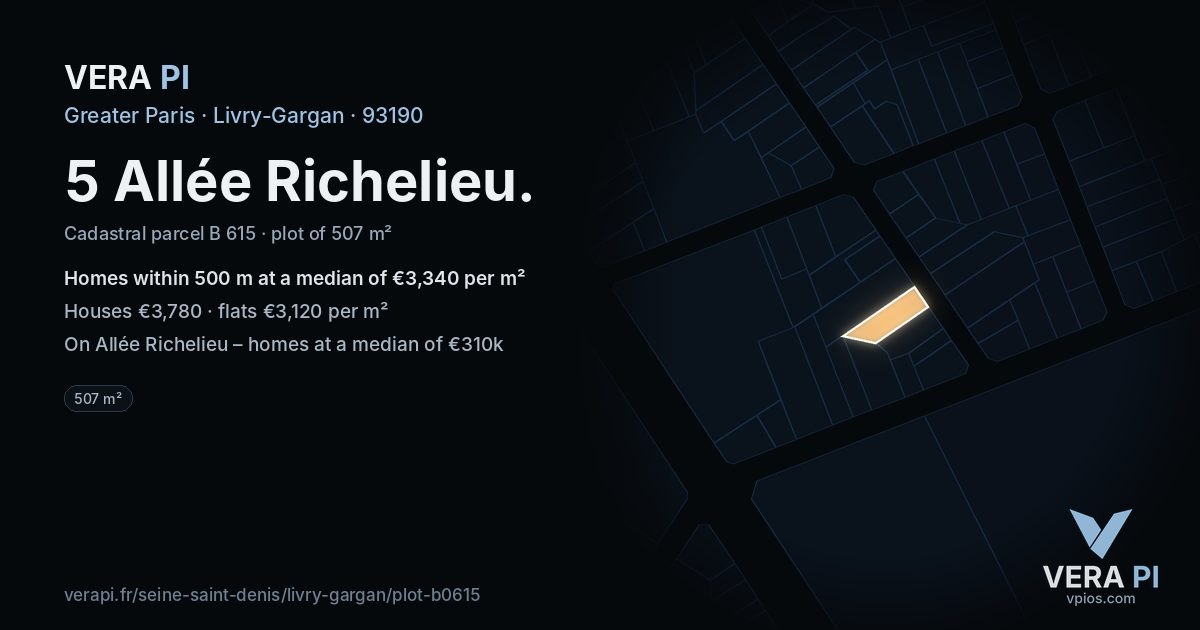 5 Allée Richelieu, Livry-Gargan at night – the plot lit, the parcels around coloured by the prices near them