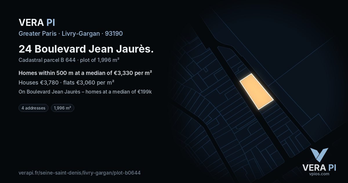 24 Boulevard Jean Jaurès, Livry-Gargan at night – the plot lit, the parcels around coloured by the prices near them