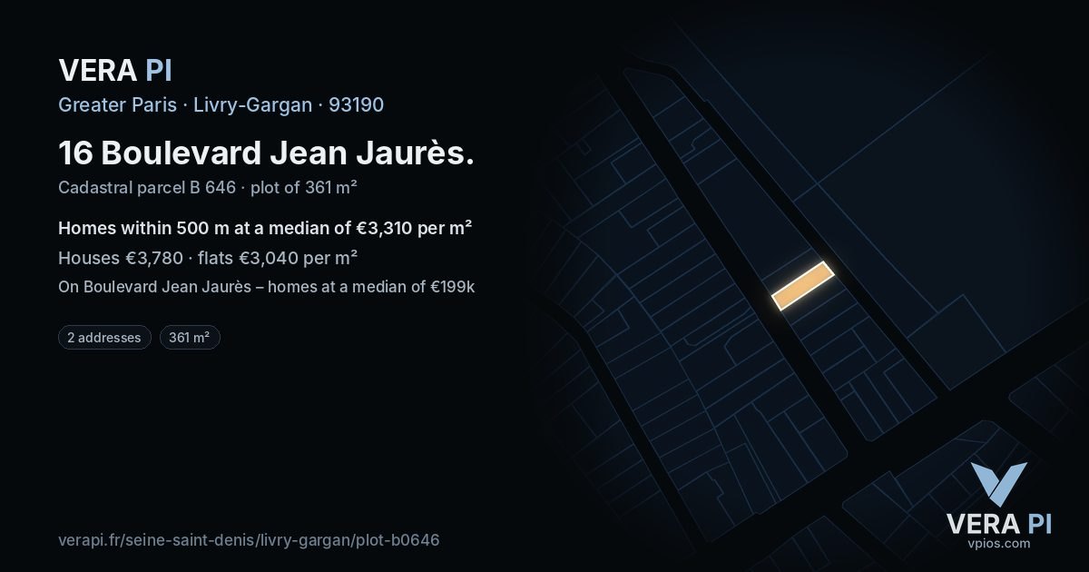 16 Boulevard Jean Jaurès, Livry-Gargan at night – the plot lit, the parcels around coloured by the prices near them