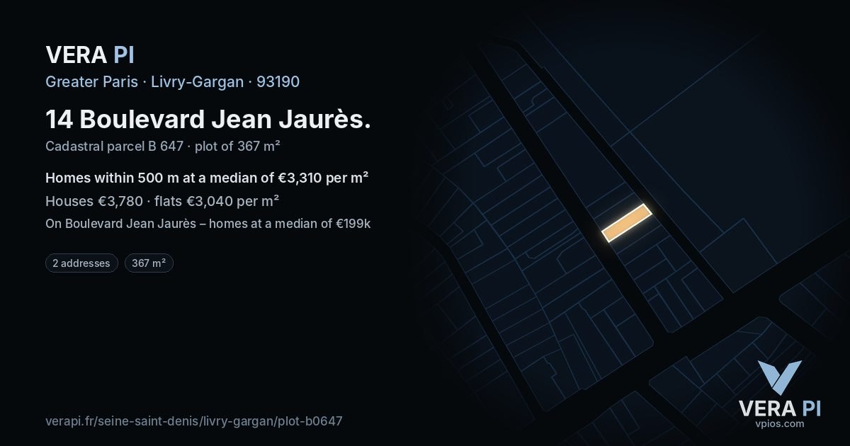 14 Boulevard Jean Jaurès, Livry-Gargan at night – the plot lit, the parcels around coloured by the prices near them